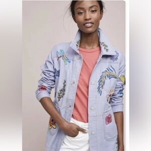 Anthropologie Floral and Fauna Embroidered Light Demim Barn Jacket